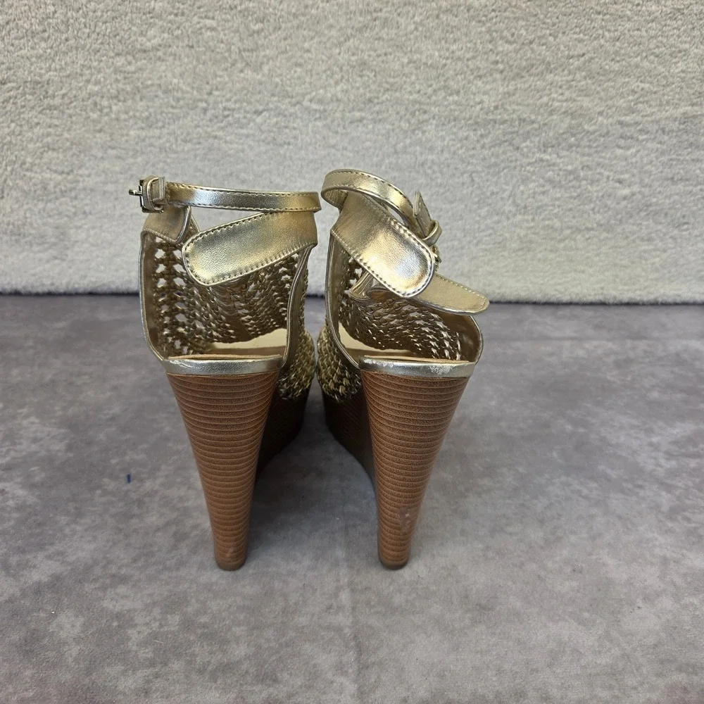 JustFab Sumner Gold Woven Wedge Sandals Metallic Strappy Platform Heels W-9.5